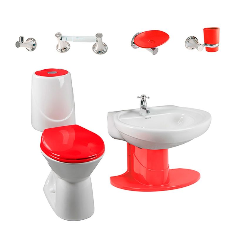 Combo Happy II Rojo: sanitario, lavamanos con semipedestal, grifería y accesorios