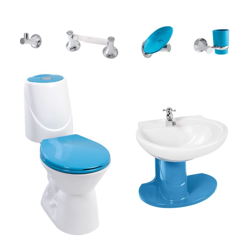 Combo Happy II Azul Marino: sanitario, lavamanos con semipedestal, grifería y accesorios