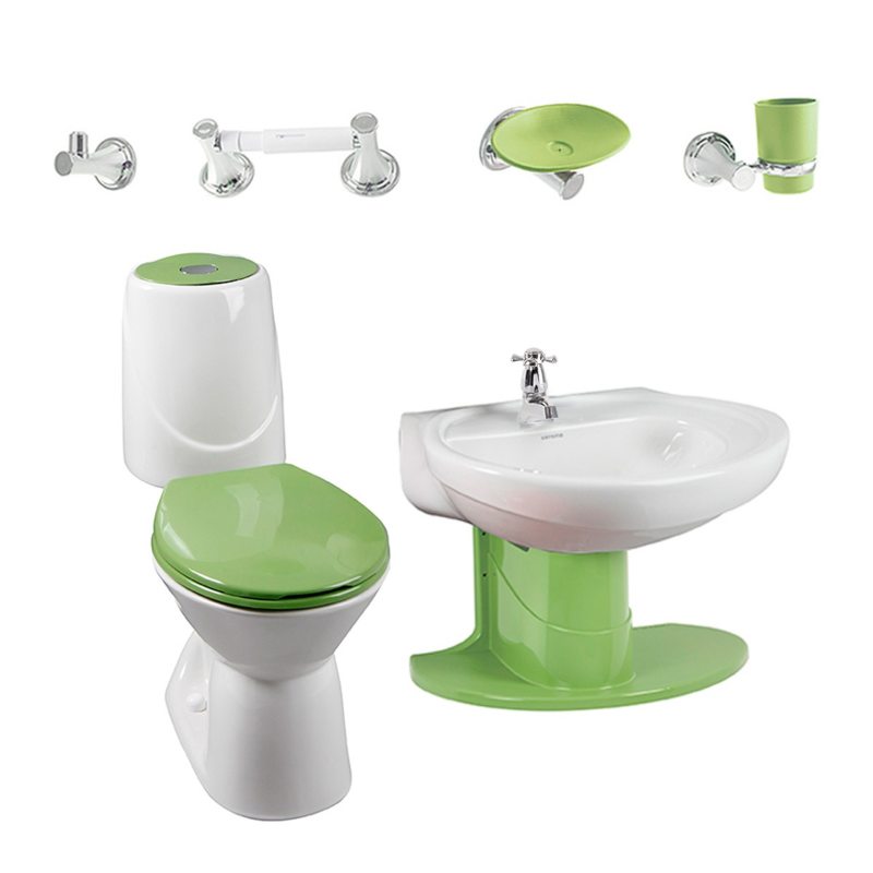 Combo Happy II Verde: sanitario, lavamanos con semipedestal, grifería y accesorios Corona