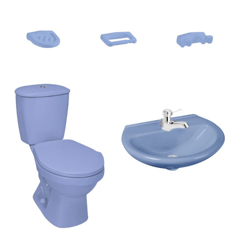 Combo Laguna II Azul Cielo: sanitario, lavamanos, grifería y accesorios Corona