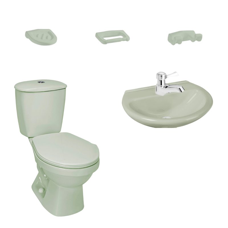 Combo Laguna II verde claro: sanitario, lavamanos, grifería y accesorios Corona