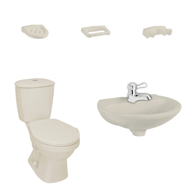 Combo Laguna II bone: sanitario, lavamanos, grifería y accesorios Corona