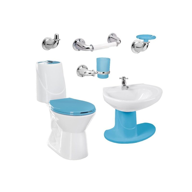 Combo Happy II Azul Marino: sanitario, lavamanos con semipedestal, grifería y accesorios Corona