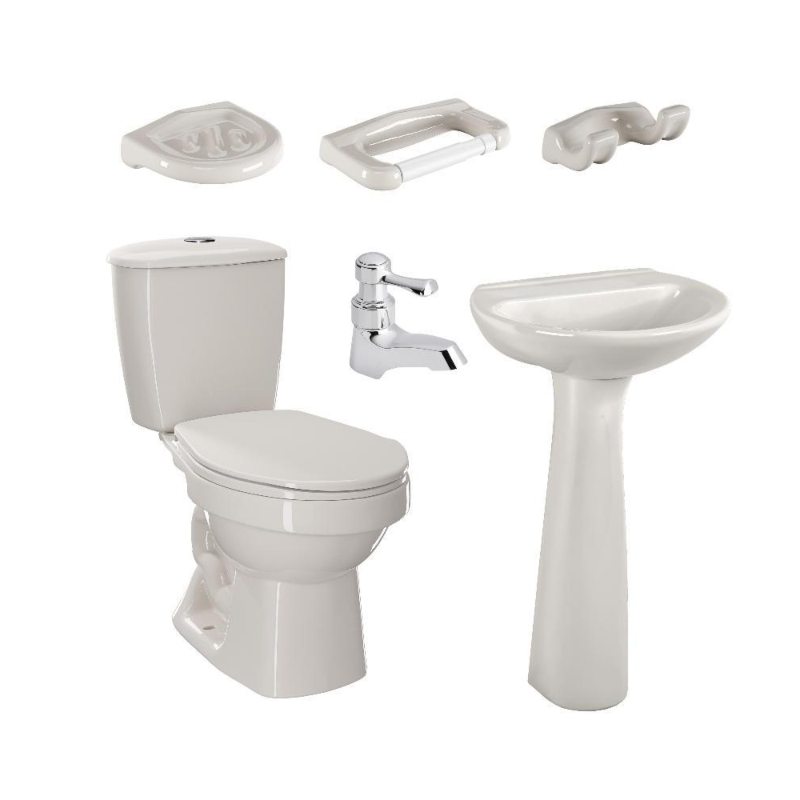Combo Laguna Balta Bone: sanitario, lavamanos con pedestal, grifería y accesorios Corona