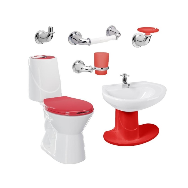 Combo Happy II Rojo: sanitario, lavamanos con semipedestal, grifería y accesorios Corona
