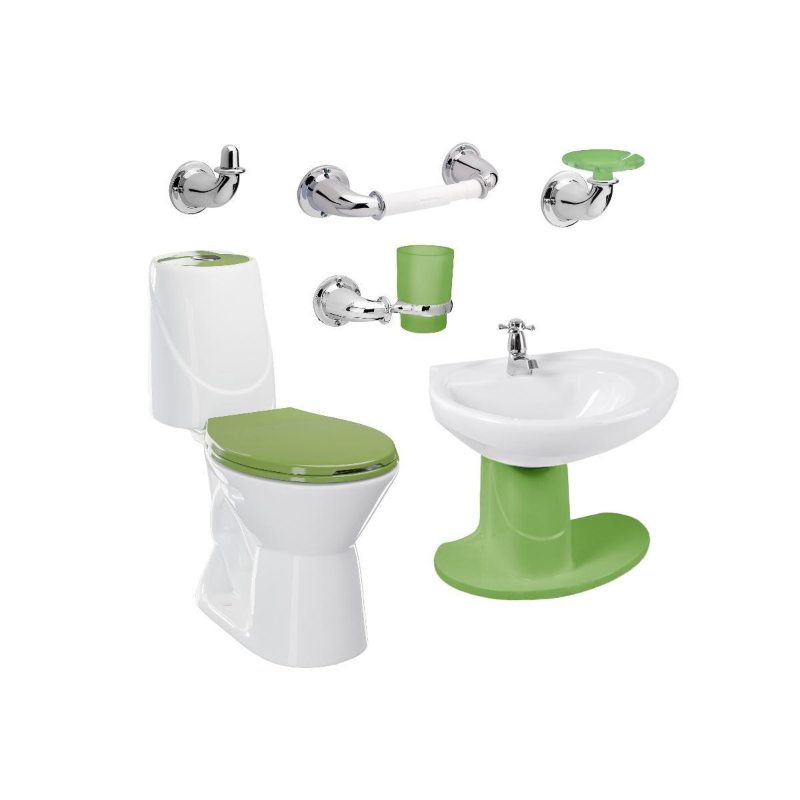 Combo Happy II Verde: sanitario, lavamanos con semipedestal, grifería y accesorios Corona