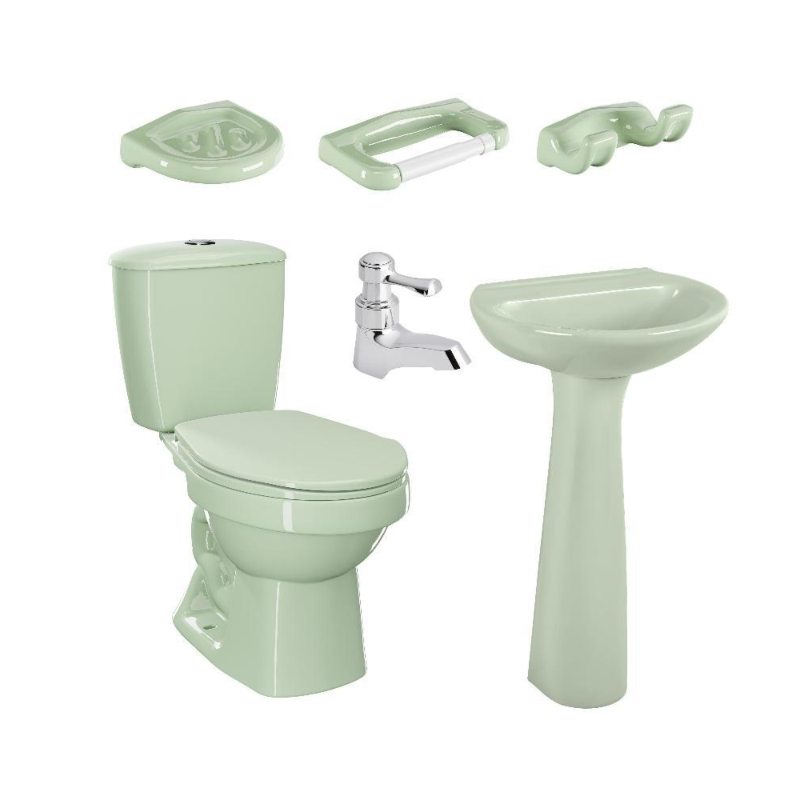 Combo Laguna Balta Verde Claro: sanitario, lavamanos con pedestal, grifería y accesorios