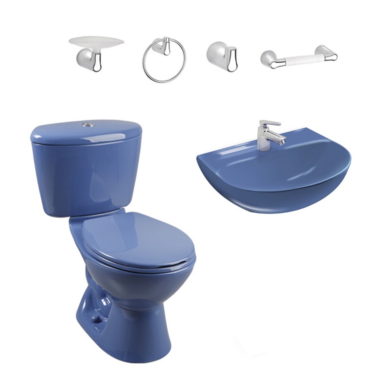Combo Manantial Azul: sanitario, lavamanos sin pedestal, grifería y accesorios Corona