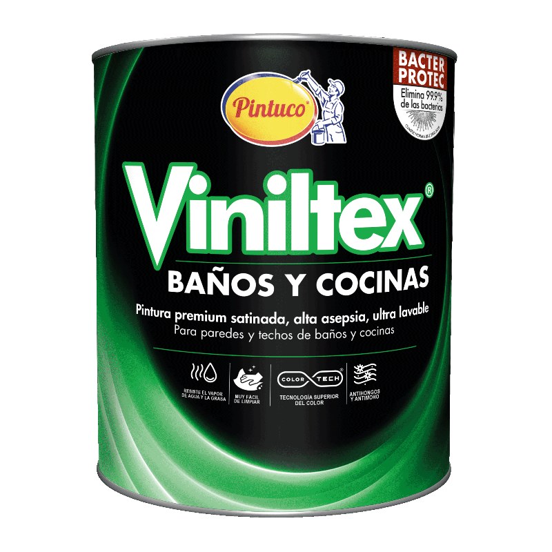 Pintura Viniltex Baños y Cocinas Blanco Satín 1/4 Galón Pintuco